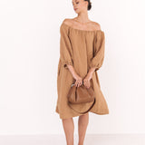 STELLAR off the shoulder dress camel - MOO Linen Shop