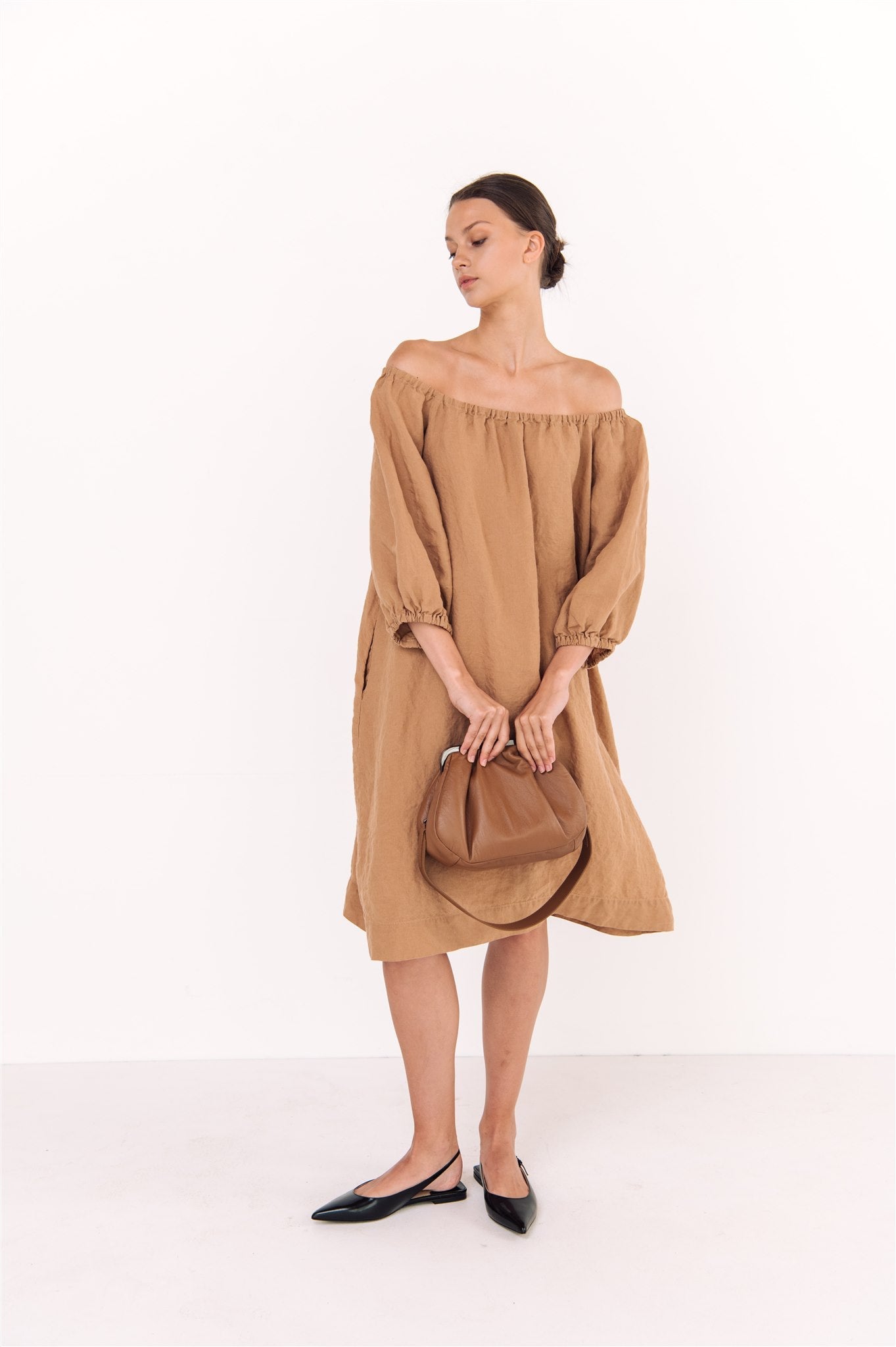 STELLAR off the shoulder dress camel - MOO Linen Shop
