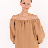 STELLAR off the shoulder dress camel - MOO Linen Shop
