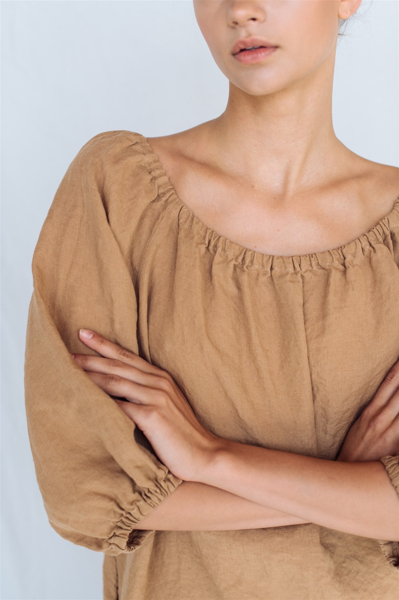 STELLAR off the shoulder dress camel - MOO Linen Shop